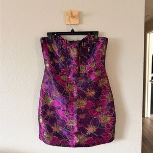 Lulu's Purple and Pink Floral Dress strapless jacquard L